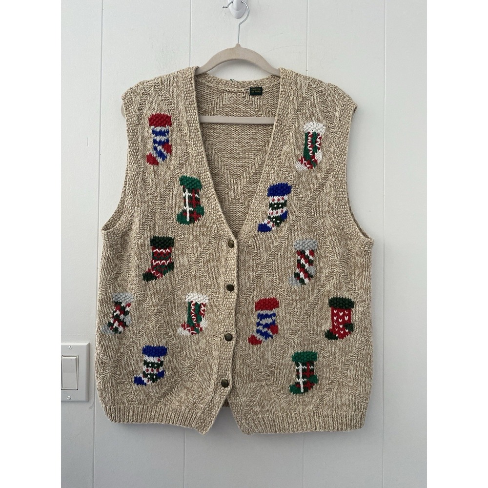 Hand Knit Christmas Sweater Vest Tan Cable Knit Holiday Stocking Sweater Sz L